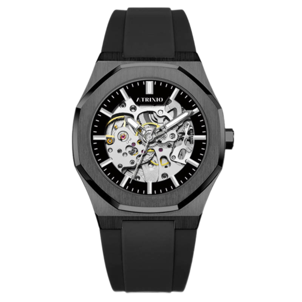 Black Atrixio Automatic Watch With Silicone Strap For Man
