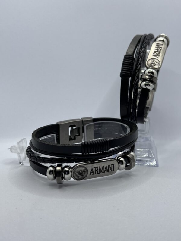 Men  Armani Leather Black Bracelet Braided Surfer Wristband  Bracelet Bangle Wrap Fashion - Image 3