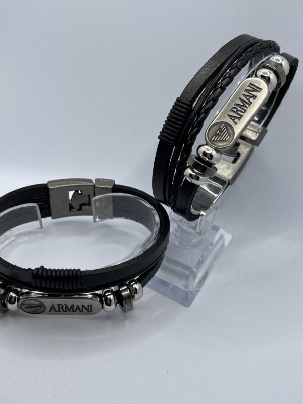 Men  Armani Leather Black Bracelet Braided Surfer Wristband  Bracelet Bangle Wrap Fashion - Image 2