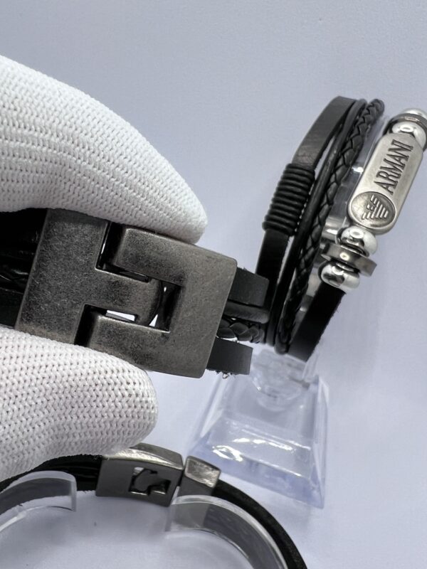 Men  Armani Leather Black Bracelet Braided Surfer Wristband  Bracelet Bangle Wrap Fashion - Image 4